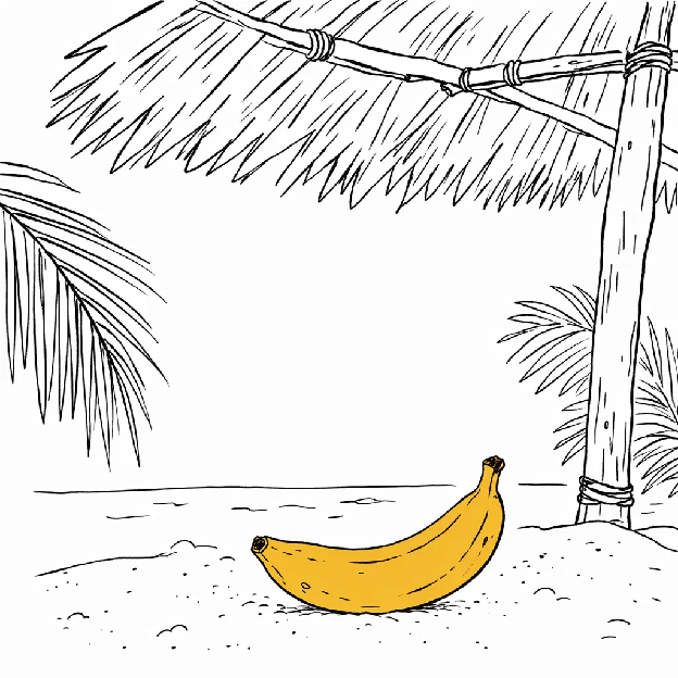 Line-art illustration of a banana on a beach under palm thatch