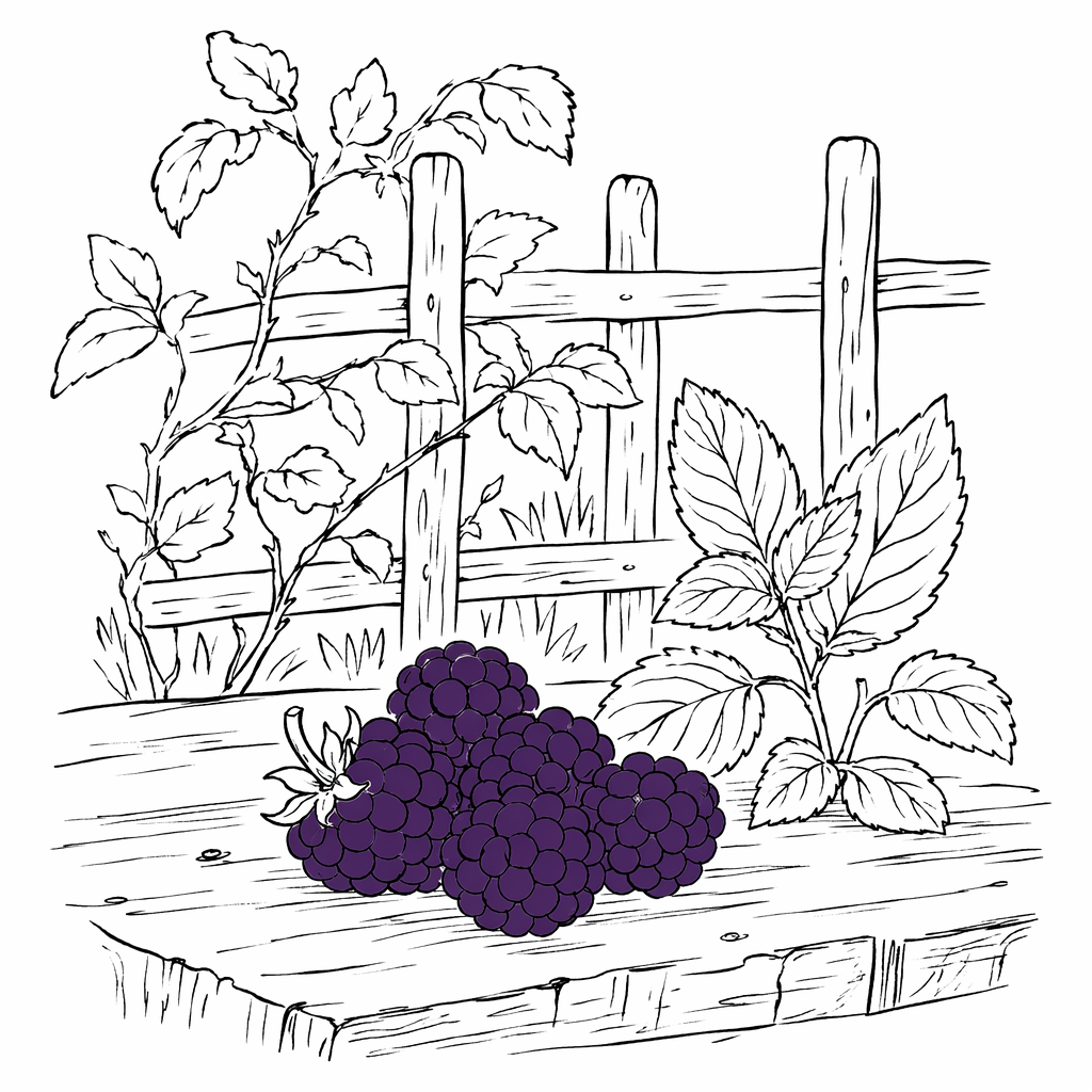 Line-art illustration of blackberries on a garden trellis fence