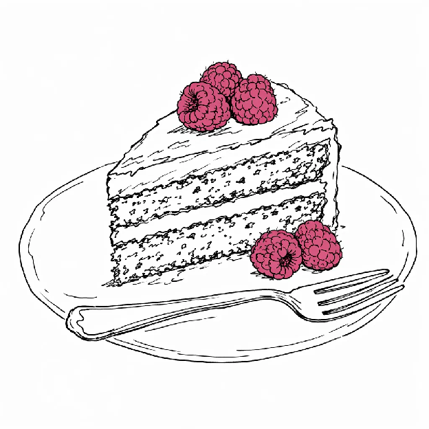 Line-art illustration of a slice of cake with fresh raspberries