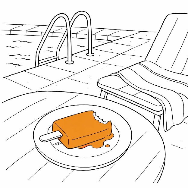 Line-art illustration of an orange popsicle poolside