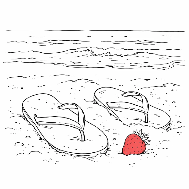 Line-art illustration of sandals and a strawberry on the beach